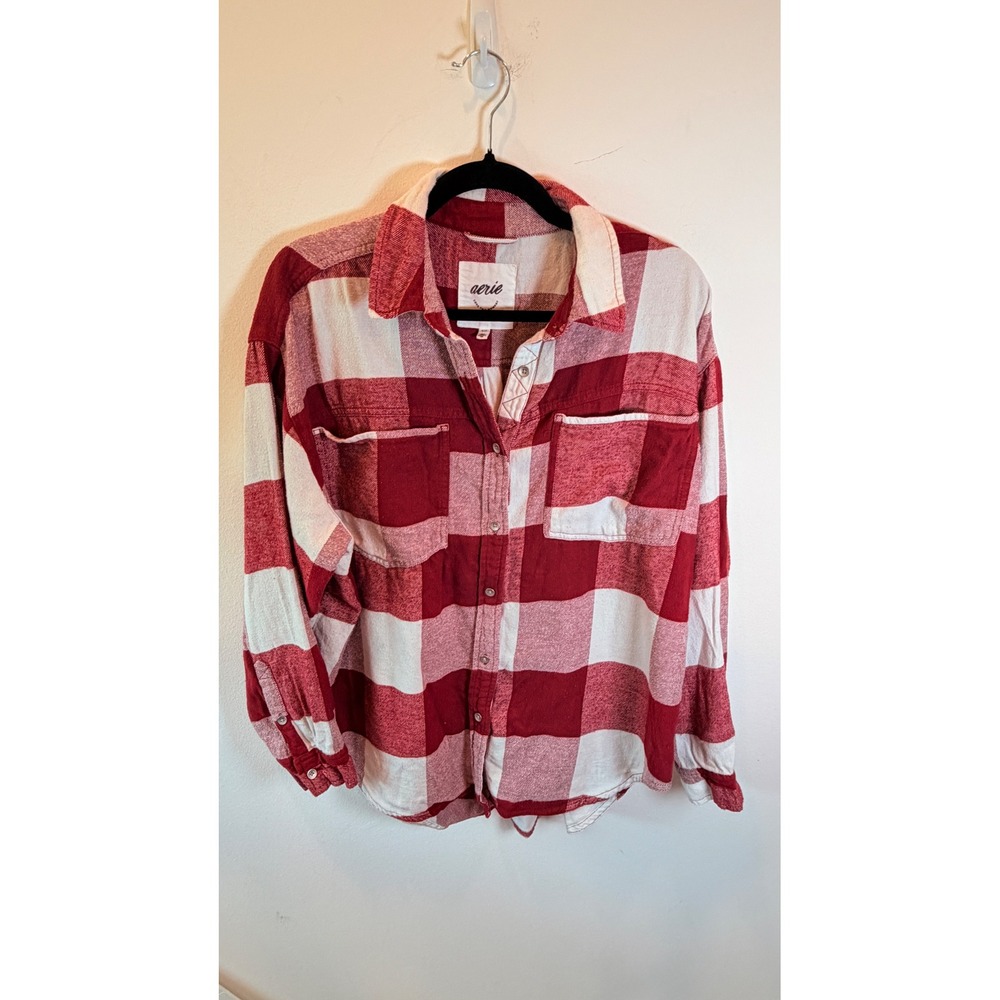 Aerie Red White Buffalo Plaid Flannel Shirt Oversized Cotton Button Down Small